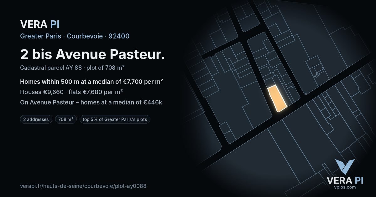 2 bis Avenue Pasteur, Courbevoie at night – the plot lit, the parcels around coloured by the prices near them