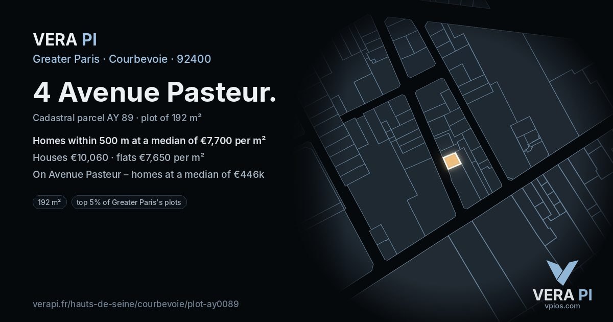 4 Avenue Pasteur, Courbevoie at night – the plot lit, the parcels around coloured by the prices near them