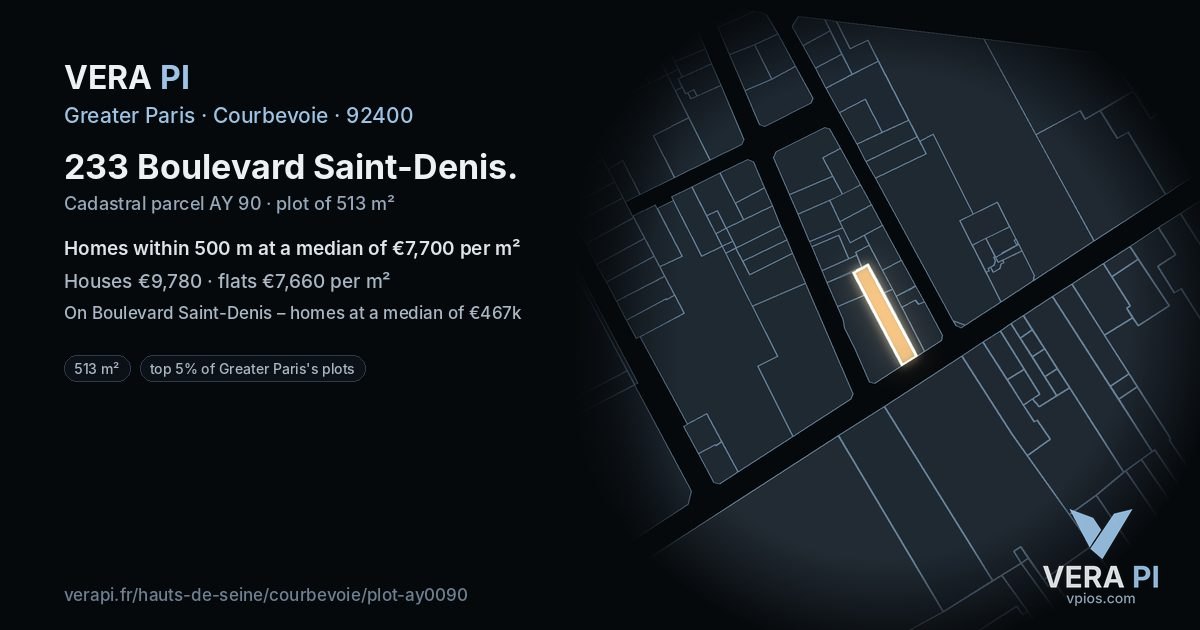 233 Boulevard Saint-Denis, Courbevoie at night – the plot lit, the parcels around coloured by the prices near them