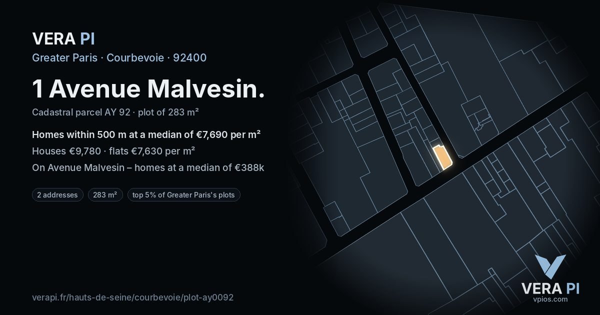 1 Avenue Malvesin, Courbevoie at night – the plot lit, the parcels around coloured by the prices near them