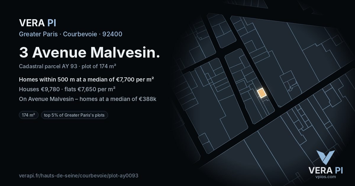 3 Avenue Malvesin, Courbevoie at night – the plot lit, the parcels around coloured by the prices near them