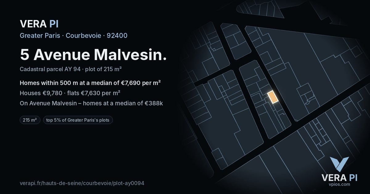 5 Avenue Malvesin, Courbevoie at night – the plot lit, the parcels around coloured by the prices near them