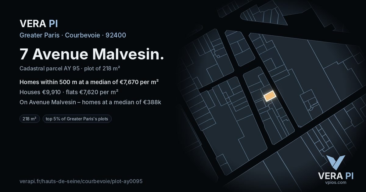 7 Avenue Malvesin, Courbevoie at night – the plot lit, the parcels around coloured by the prices near them