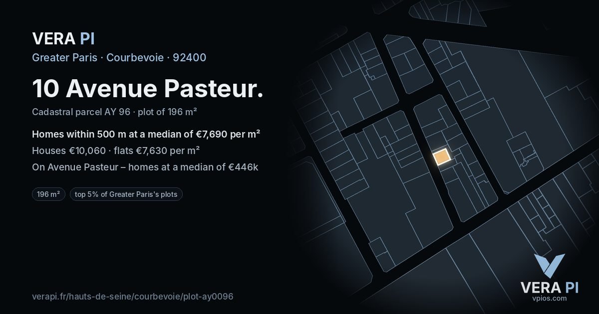 10 Avenue Pasteur, Courbevoie at night – the plot lit, the parcels around coloured by the prices near them