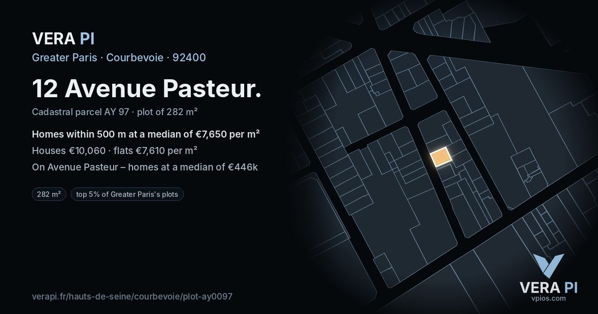 12 Avenue Pasteur, Courbevoie at night – the plot lit, the parcels around coloured by the prices near them