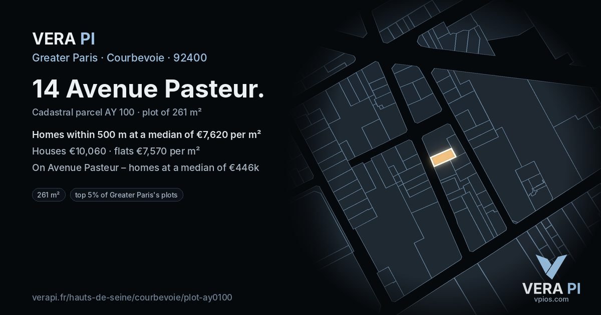 14 Avenue Pasteur, Courbevoie at night – the plot lit, the parcels around coloured by the prices near them