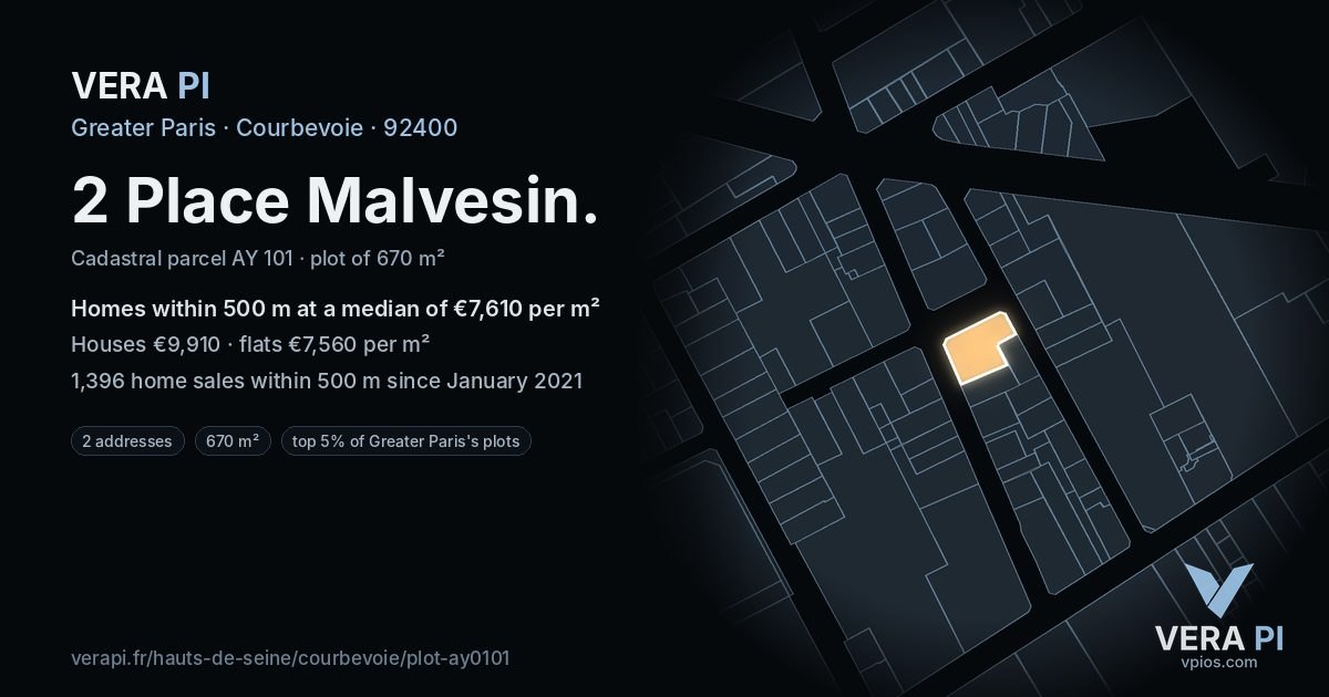 2 Place Malvesin, Courbevoie at night – the plot lit, the parcels around coloured by the prices near them
