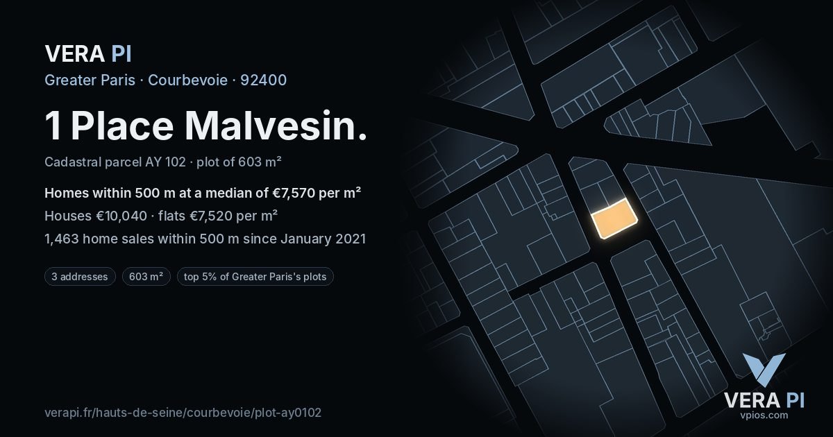 1 Place Malvesin, Courbevoie at night – the plot lit, the parcels around coloured by the prices near them