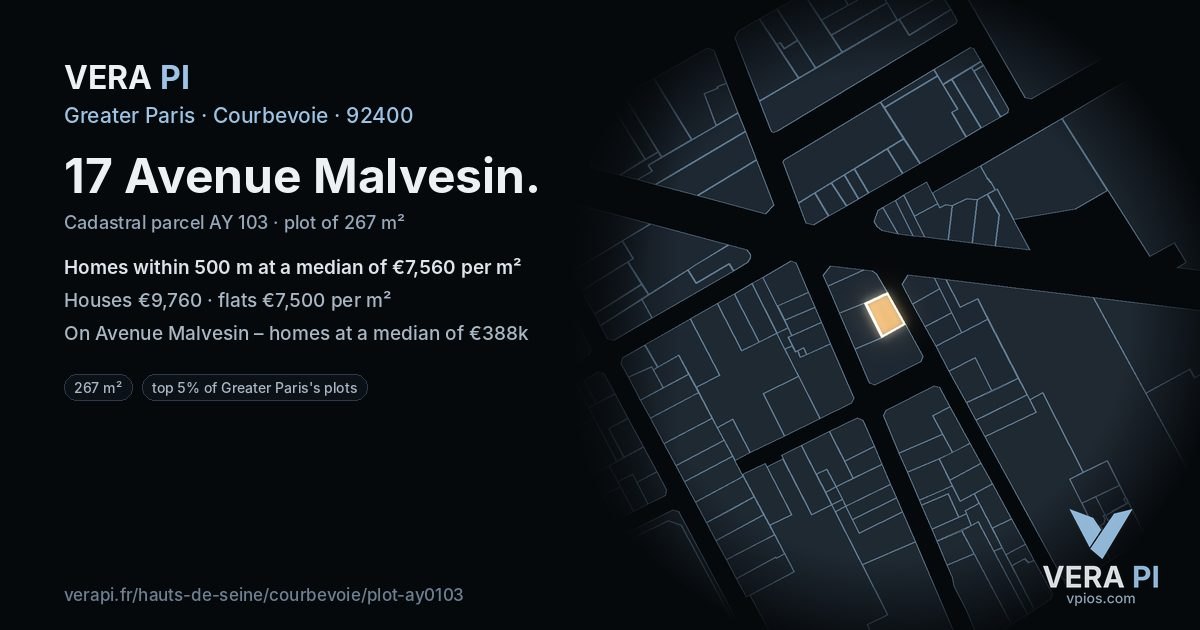 17 Avenue Malvesin, Courbevoie at night – the plot lit, the parcels around coloured by the prices near them