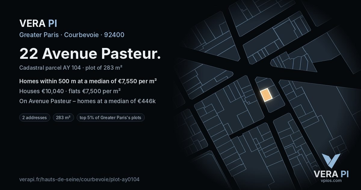 22 Avenue Pasteur, Courbevoie at night – the plot lit, the parcels around coloured by the prices near them