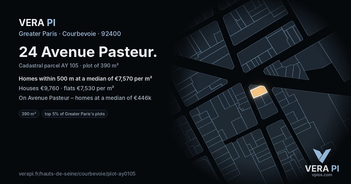 24 Avenue Pasteur, Courbevoie at night – the plot lit, the parcels around coloured by the prices near them