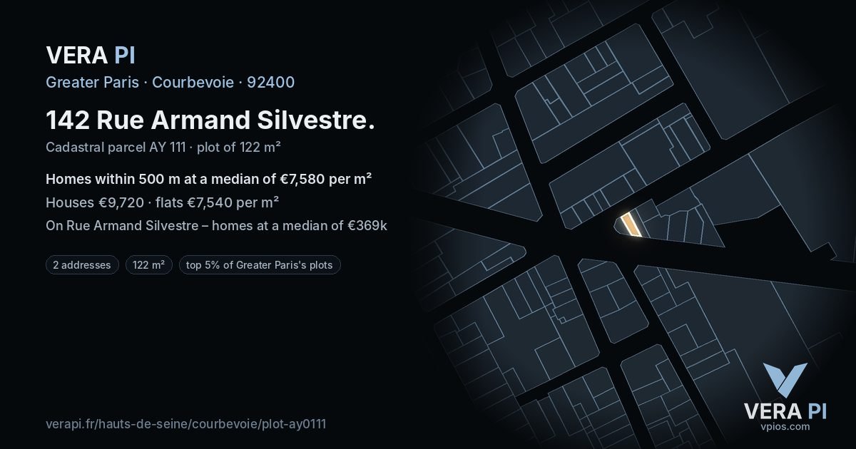 142 Rue Armand Silvestre, Courbevoie at night – the plot lit, the parcels around coloured by the prices near them