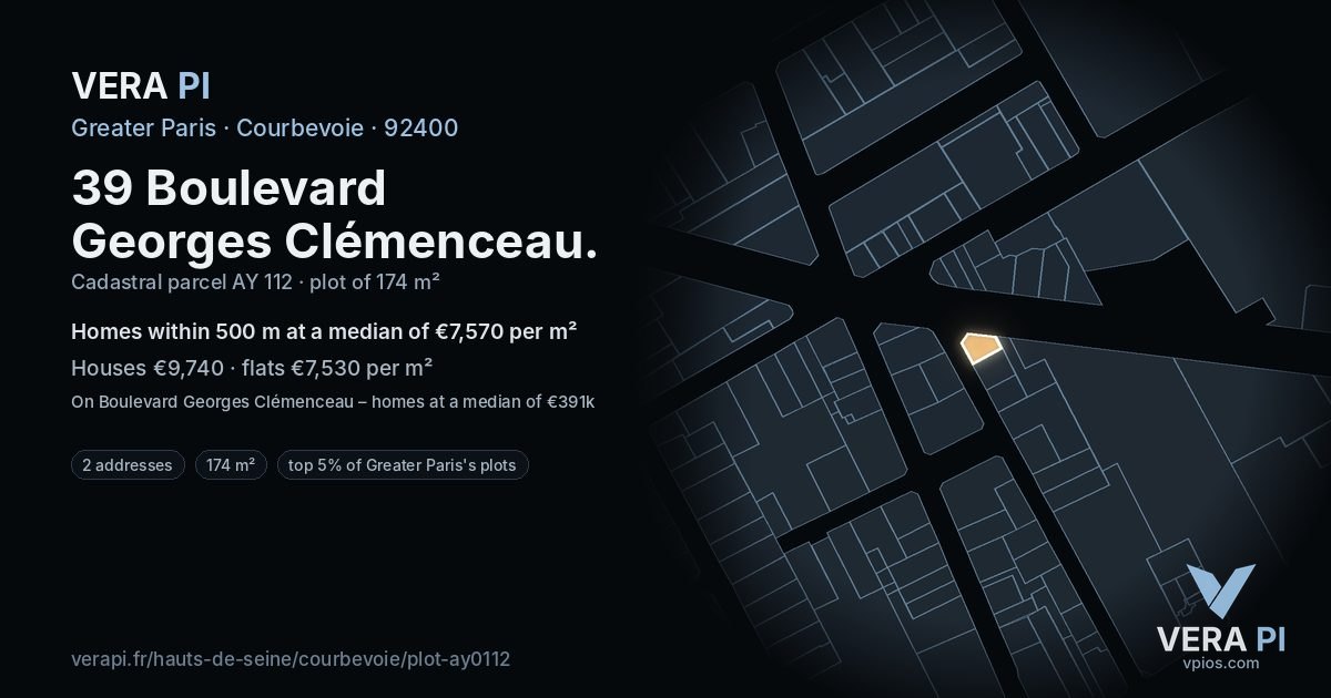 39 Boulevard Georges Clémenceau, Courbevoie at night – the plot lit, the parcels around coloured by the prices near them