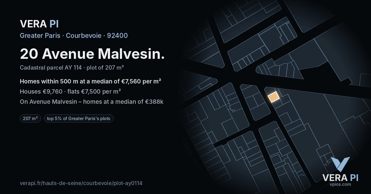 20 Avenue Malvesin, Courbevoie at night – the plot lit, the parcels around coloured by the prices near them