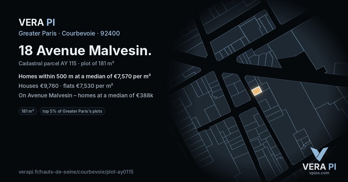 18 Avenue Malvesin, Courbevoie at night – the plot lit, the parcels around coloured by the prices near them