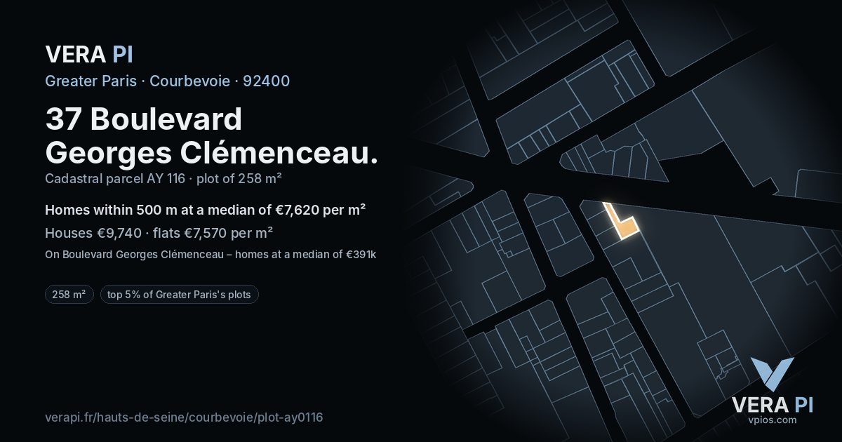 37 Boulevard Georges Clémenceau, Courbevoie at night – the plot lit, the parcels around coloured by the prices near them