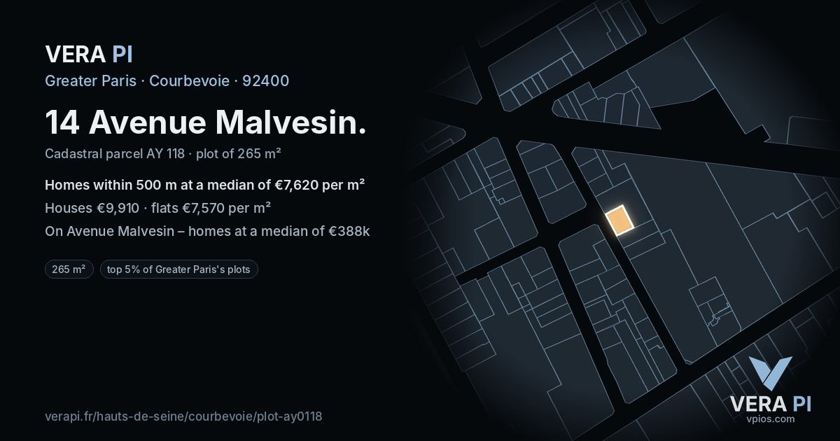 14 Avenue Malvesin, Courbevoie at night – the plot lit, the parcels around coloured by the prices near them