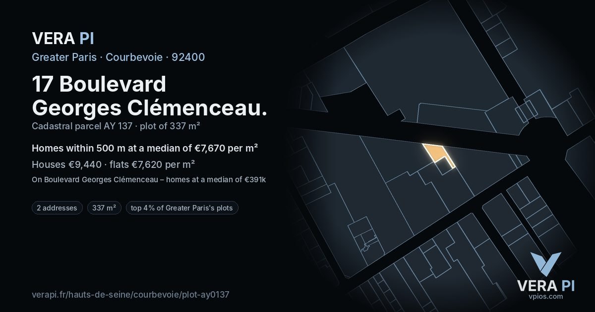 17 Boulevard Georges Clémenceau, Courbevoie at night – the plot lit, the parcels around coloured by the prices near them