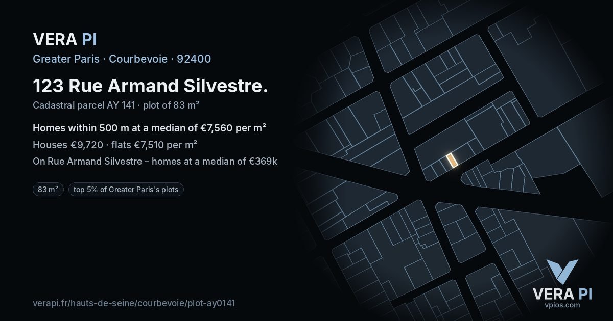 123 Rue Armand Silvestre, Courbevoie at night – the plot lit, the parcels around coloured by the prices near them