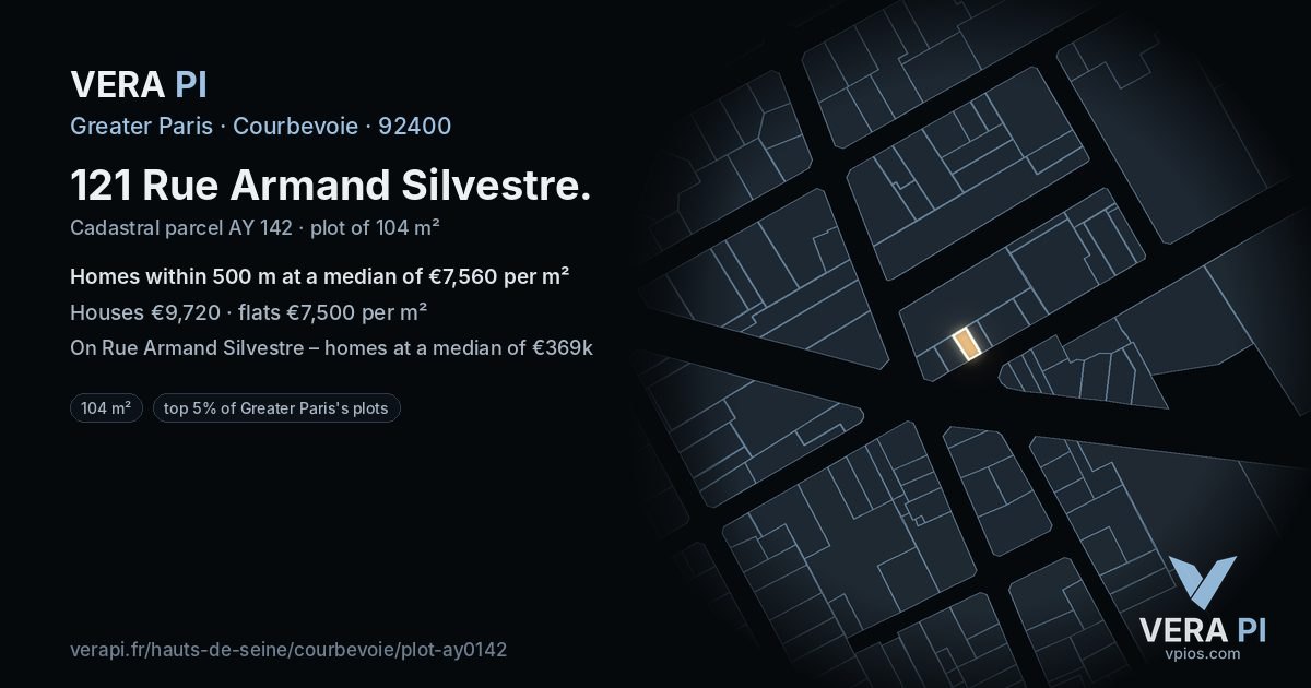 121 Rue Armand Silvestre, Courbevoie at night – the plot lit, the parcels around coloured by the prices near them