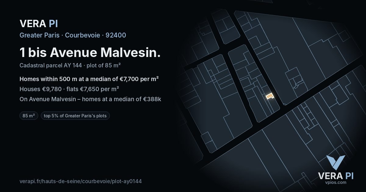1 bis Avenue Malvesin, Courbevoie at night – the plot lit, the parcels around coloured by the prices near them