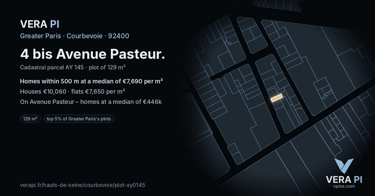 4 bis Avenue Pasteur, Courbevoie at night – the plot lit, the parcels around coloured by the prices near them