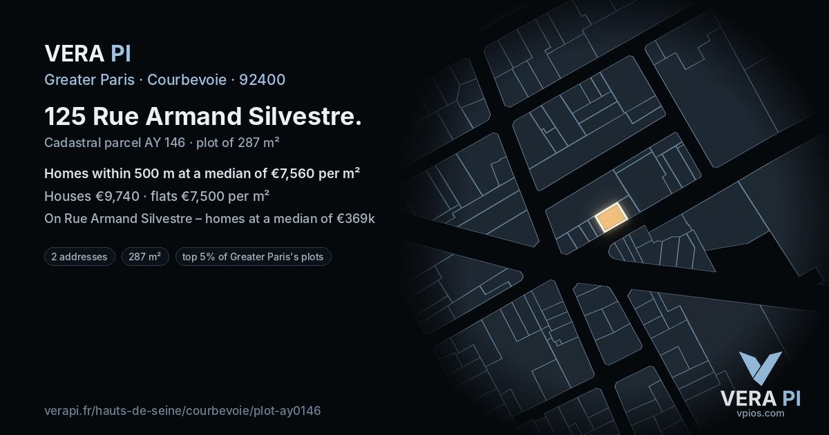 125 Rue Armand Silvestre, Courbevoie at night – the plot lit, the parcels around coloured by the prices near them