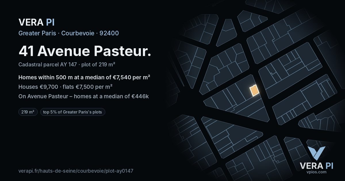41 Avenue Pasteur, Courbevoie at night – the plot lit, the parcels around coloured by the prices near them