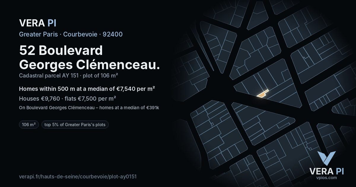 52 Boulevard Georges Clémenceau, Courbevoie at night – the plot lit, the parcels around coloured by the prices near them