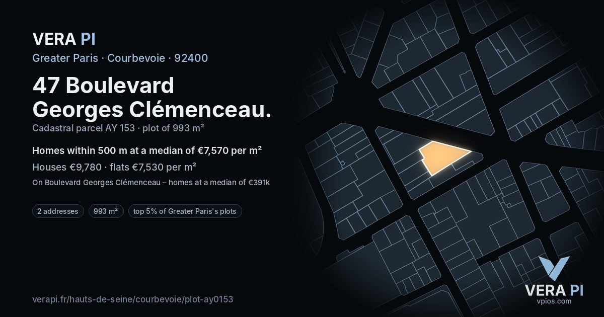 47 Boulevard Georges Clémenceau, Courbevoie at night – the plot lit, the parcels around coloured by the prices near them