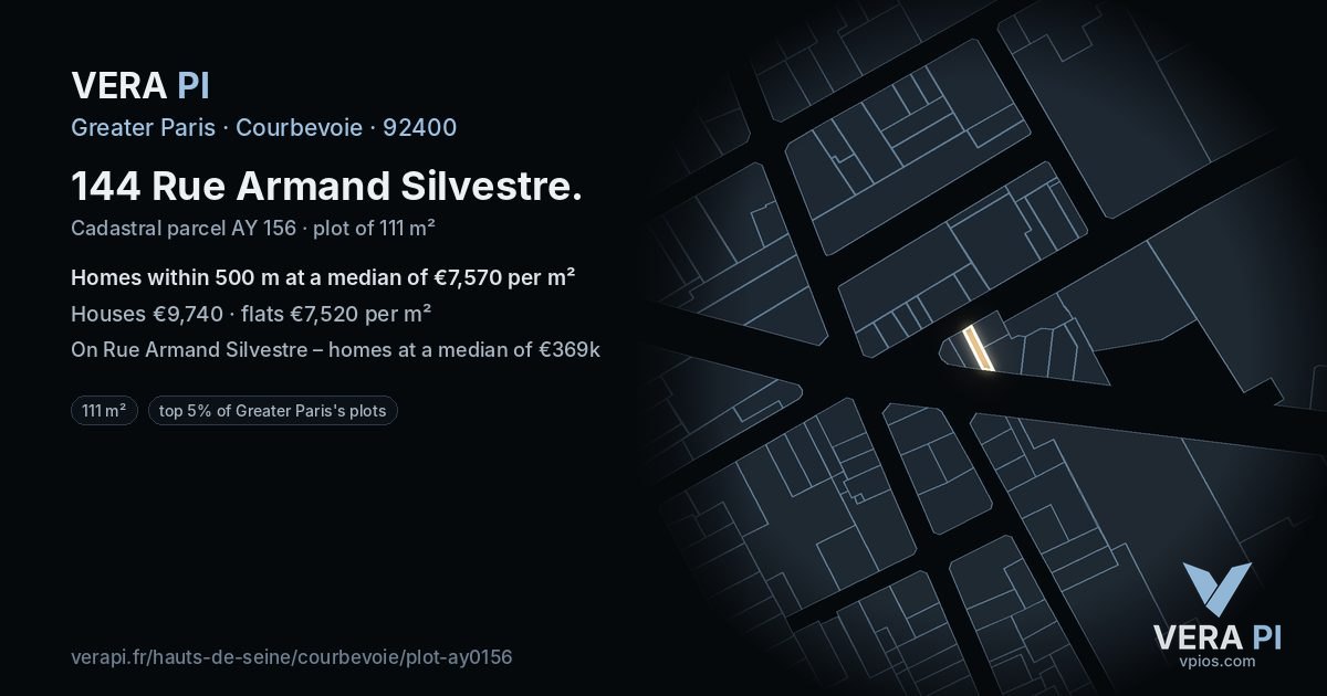 144 Rue Armand Silvestre, Courbevoie at night – the plot lit, the parcels around coloured by the prices near them