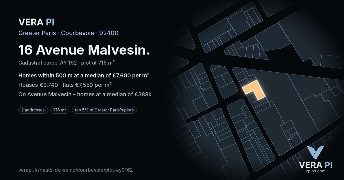 16 Avenue Malvesin, Courbevoie at night – the plot lit, the parcels around coloured by the prices near them