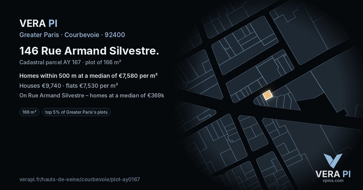 146 Rue Armand Silvestre, Courbevoie at night – the plot lit, the parcels around coloured by the prices near them