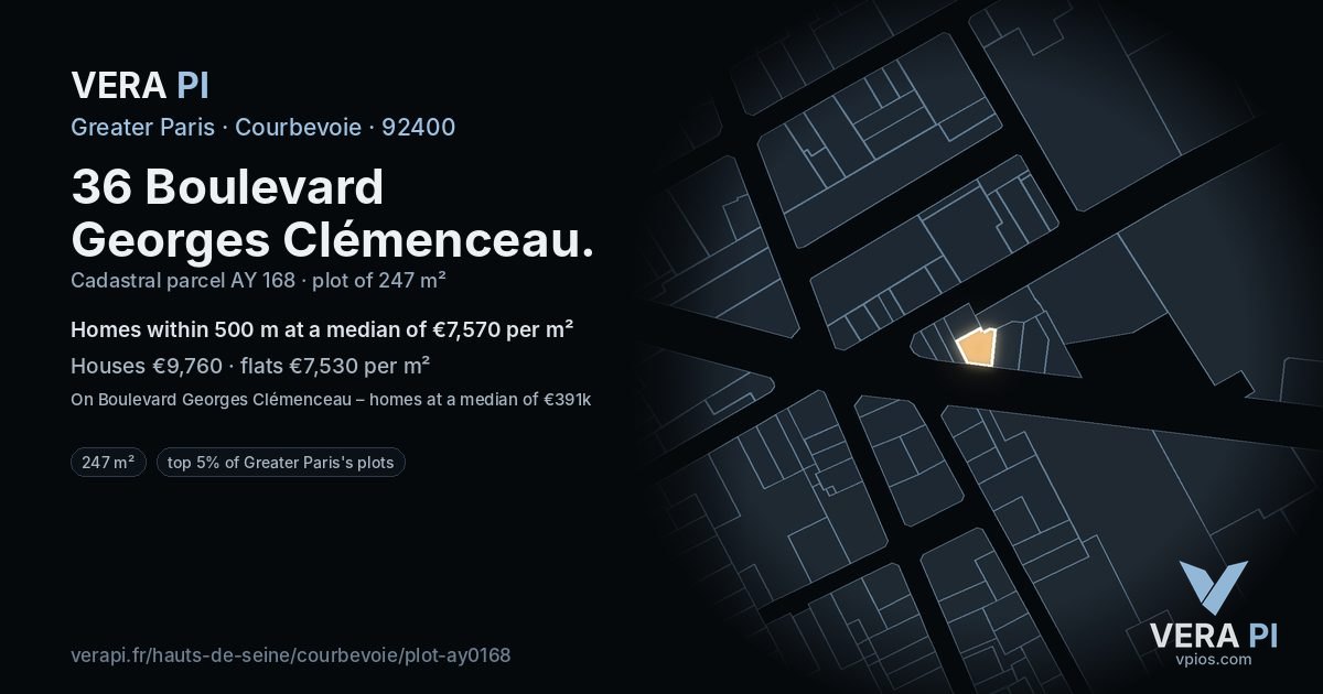 36 Boulevard Georges Clémenceau, Courbevoie at night – the plot lit, the parcels around coloured by the prices near them