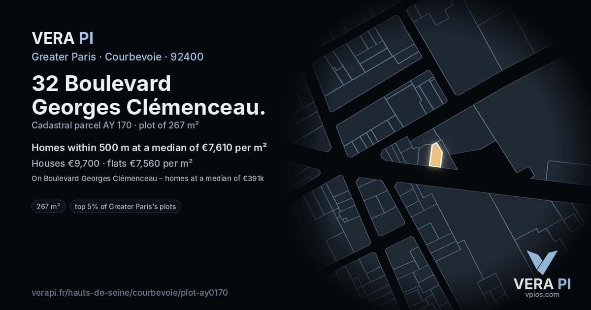 32 Boulevard Georges Clémenceau, Courbevoie at night – the plot lit, the parcels around coloured by the prices near them