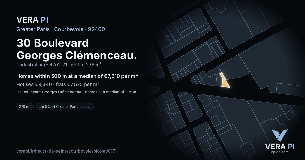 30 Boulevard Georges Clémenceau, Courbevoie at night – the plot lit, the parcels around coloured by the prices near them