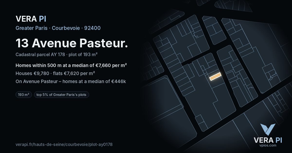13 Avenue Pasteur, Courbevoie at night – the plot lit, the parcels around coloured by the prices near them