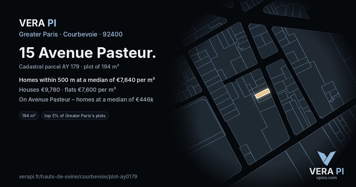 15 Avenue Pasteur, Courbevoie at night – the plot lit, the parcels around coloured by the prices near them