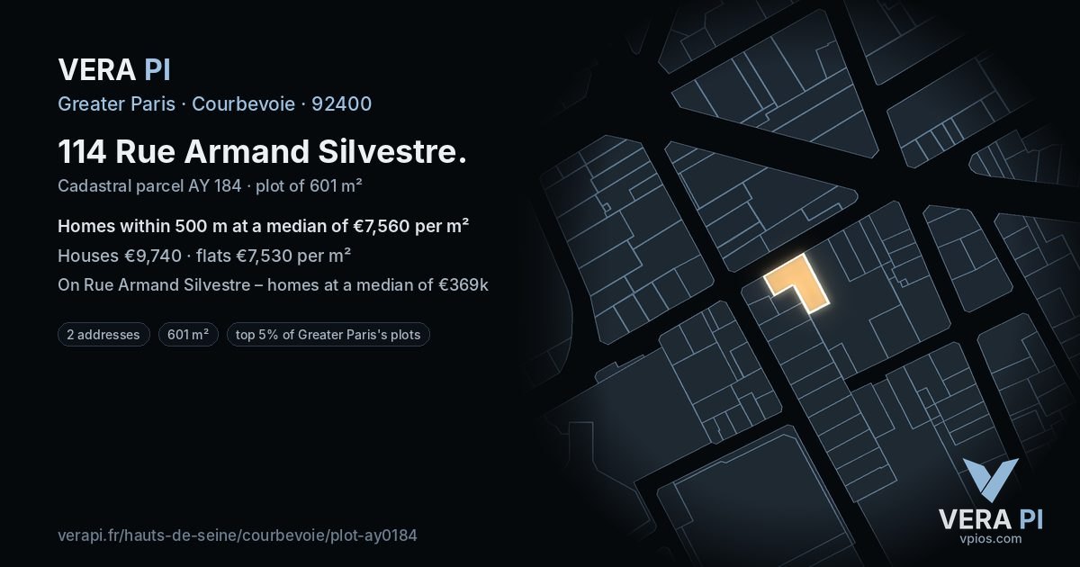 114 Rue Armand Silvestre, Courbevoie at night – the plot lit, the parcels around coloured by the prices near them