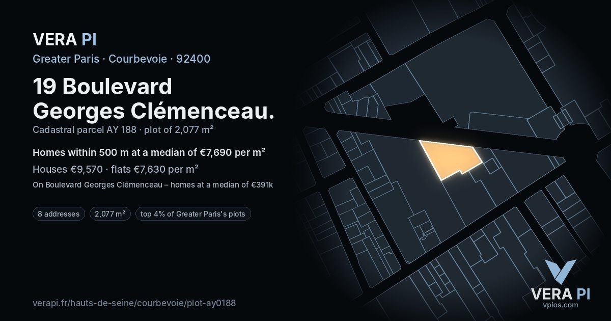 19 Boulevard Georges Clémenceau, Courbevoie at night – the plot lit, the parcels around coloured by the prices near them
