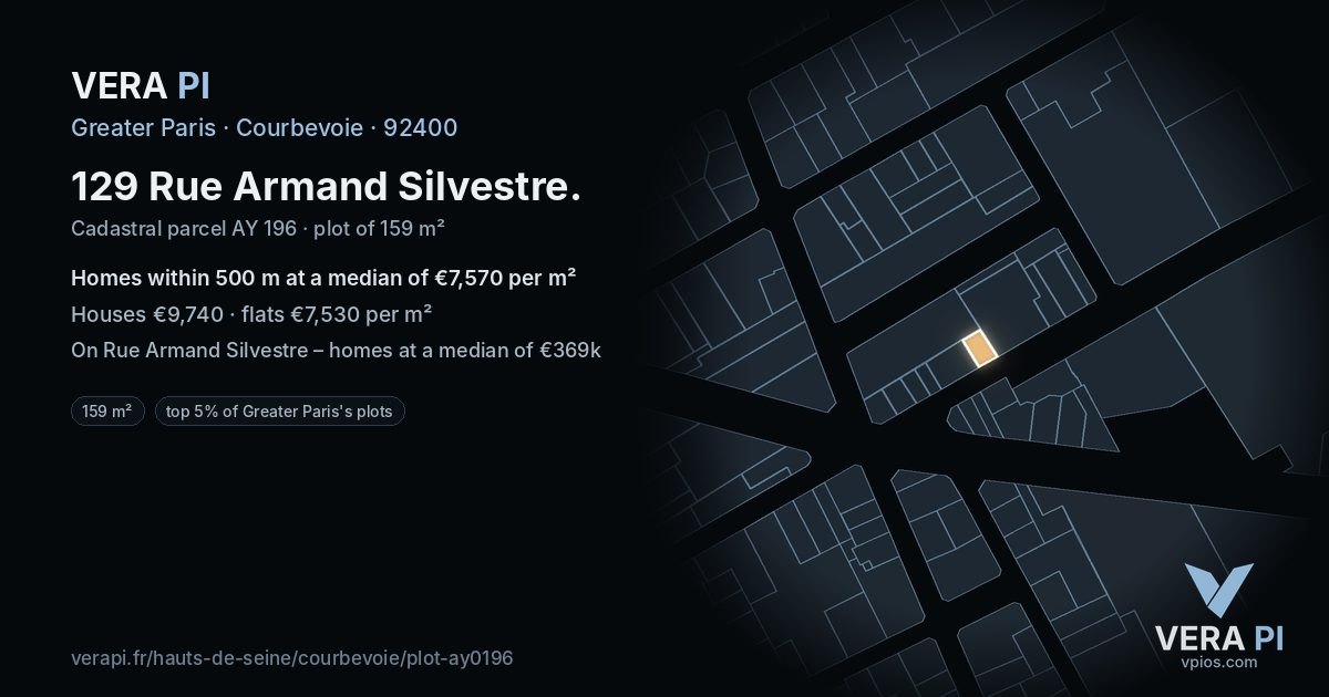 129 Rue Armand Silvestre, Courbevoie at night – the plot lit, the parcels around coloured by the prices near them