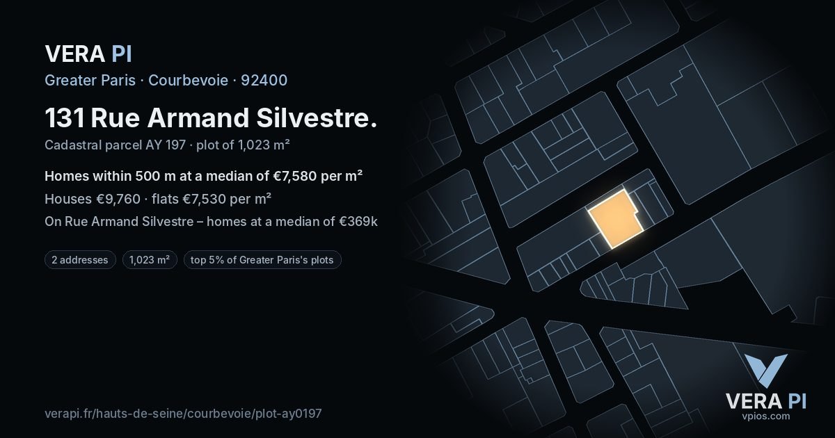 131 Rue Armand Silvestre, Courbevoie at night – the plot lit, the parcels around coloured by the prices near them