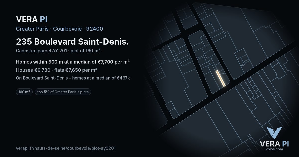 235 Boulevard Saint-Denis, Courbevoie at night – the plot lit, the parcels around coloured by the prices near them