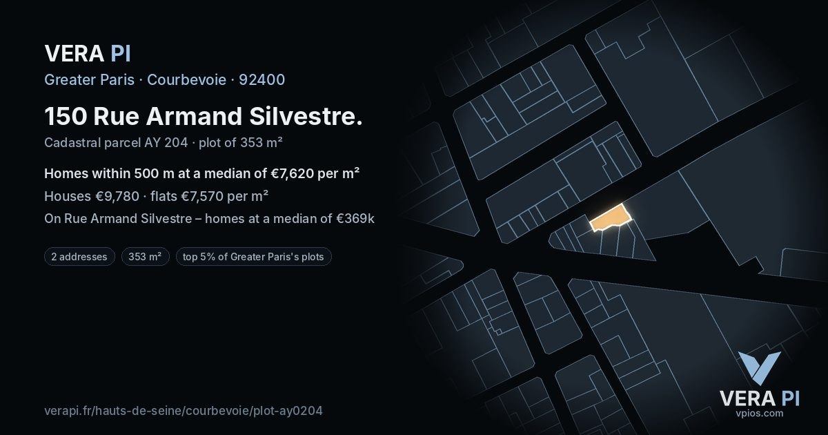 150 Rue Armand Silvestre, Courbevoie at night – the plot lit, the parcels around coloured by the prices near them