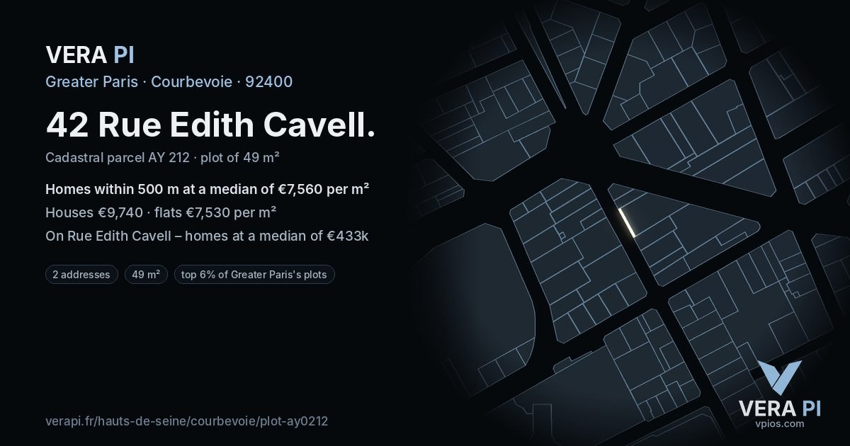 42 Rue Edith Cavell, Courbevoie at night – the plot lit, the parcels around coloured by the prices near them