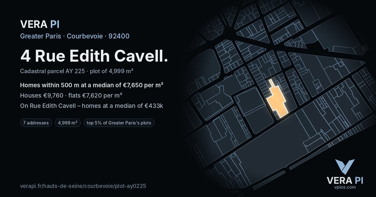4 Rue Edith Cavell, Courbevoie at night – the plot lit, the parcels around coloured by the prices near them