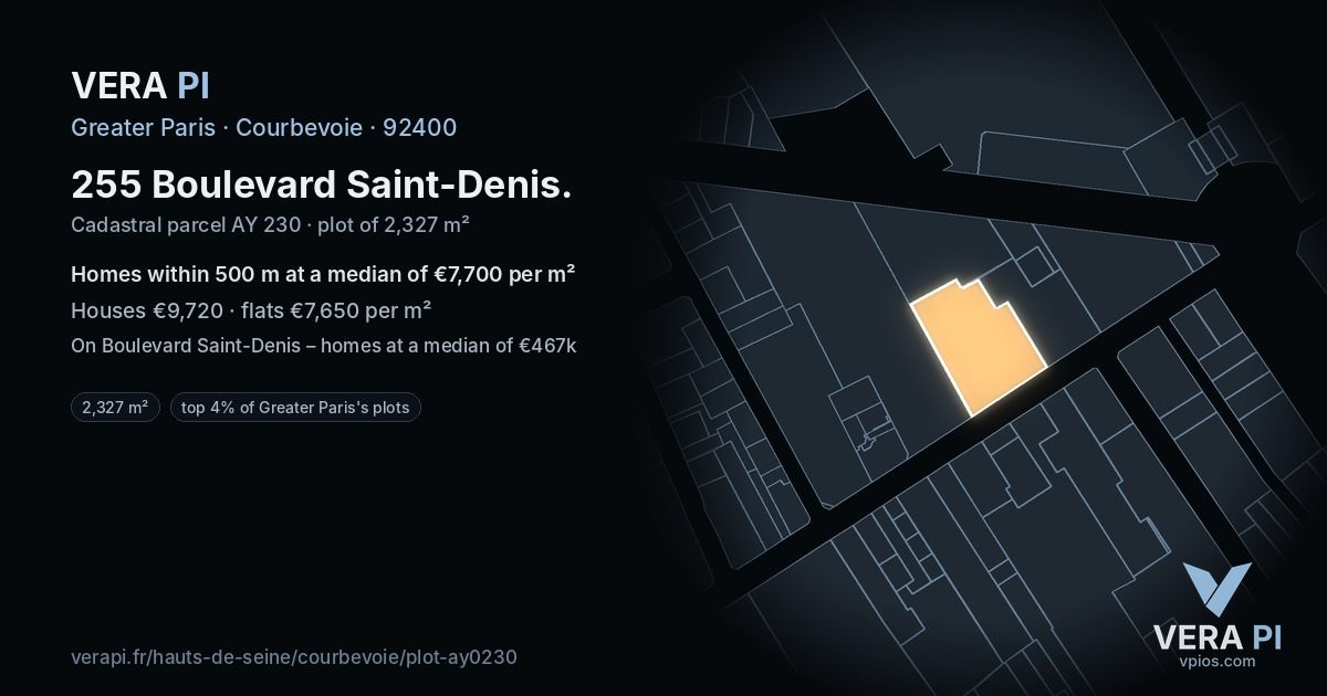 255 Boulevard Saint-Denis, Courbevoie at night – the plot lit, the parcels around coloured by the prices near them