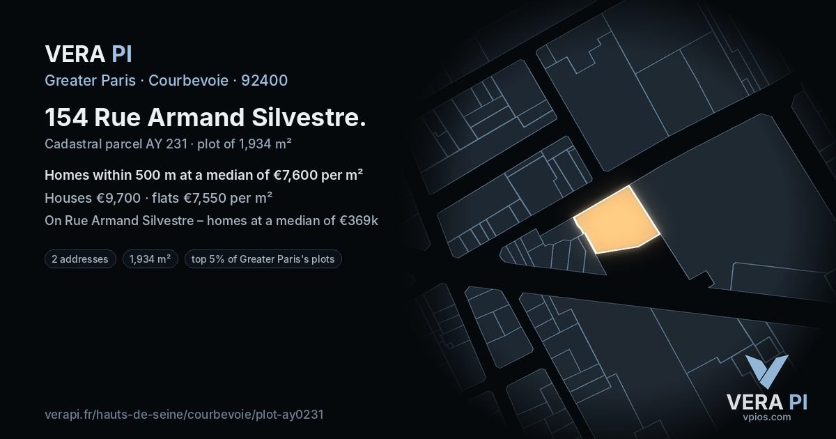 154 Rue Armand Silvestre, Courbevoie at night – the plot lit, the parcels around coloured by the prices near them