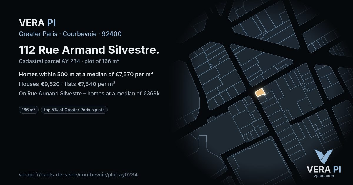 112 Rue Armand Silvestre, Courbevoie at night – the plot lit, the parcels around coloured by the prices near them