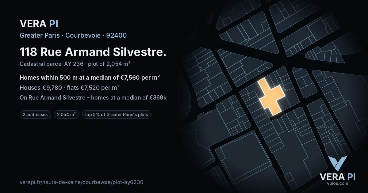118 Rue Armand Silvestre, Courbevoie at night – the plot lit, the parcels around coloured by the prices near them